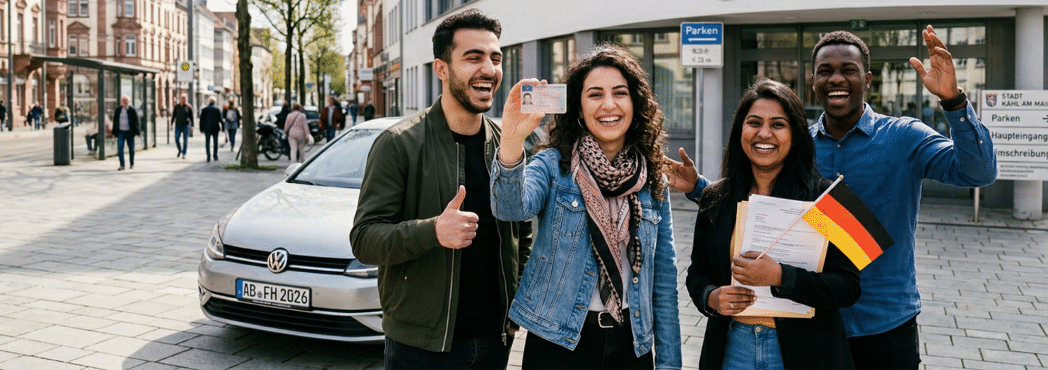 fuehrerschein-umschreibung-freunde-kahl Glückliche Freunde feiern die Führerschein-Umschreibung in Kahl am Main.